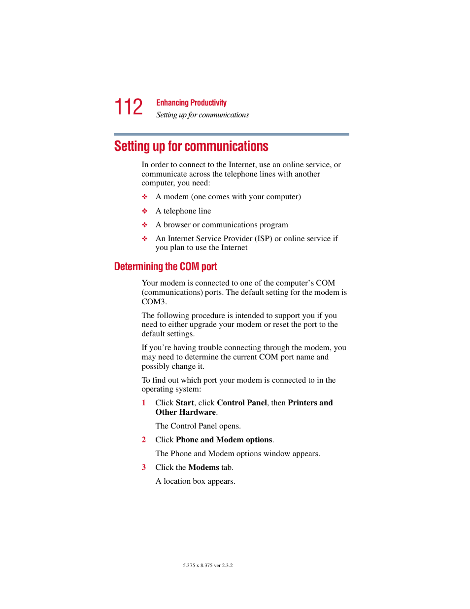 Setting up for communications, Determining the com port | Toshiba VIRTUALTECH C6609-1201M1 User Manual | Page 112 / 209