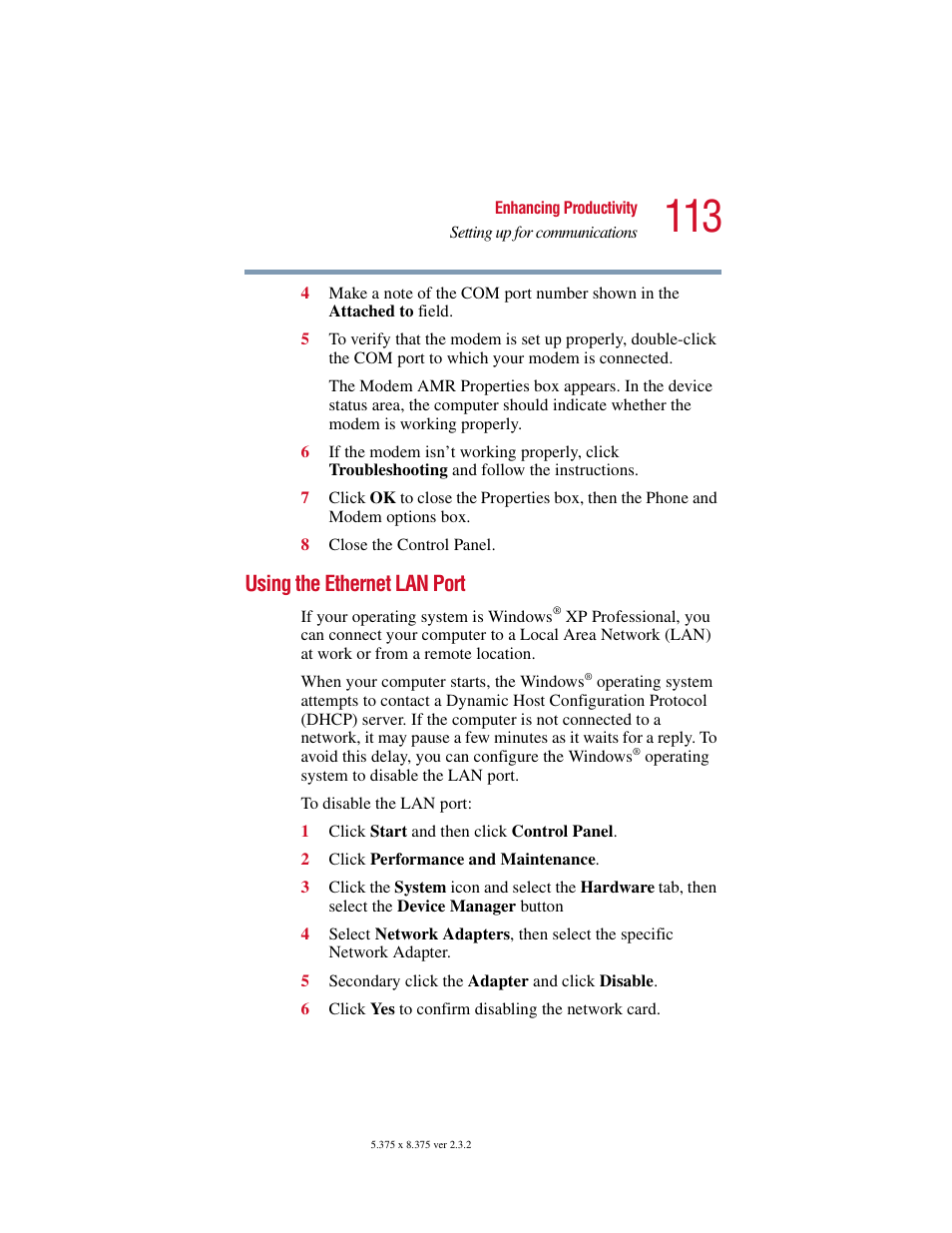 Using the ethernet lan port | Toshiba VIRTUALTECH C6609-1201M1 User Manual | Page 113 / 209