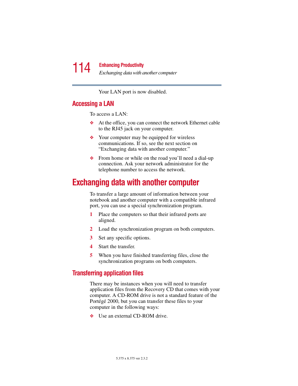 Accessing a lan, Exchanging data with another computer, Transferring application files | Toshiba VIRTUALTECH C6609-1201M1 User Manual | Page 114 / 209