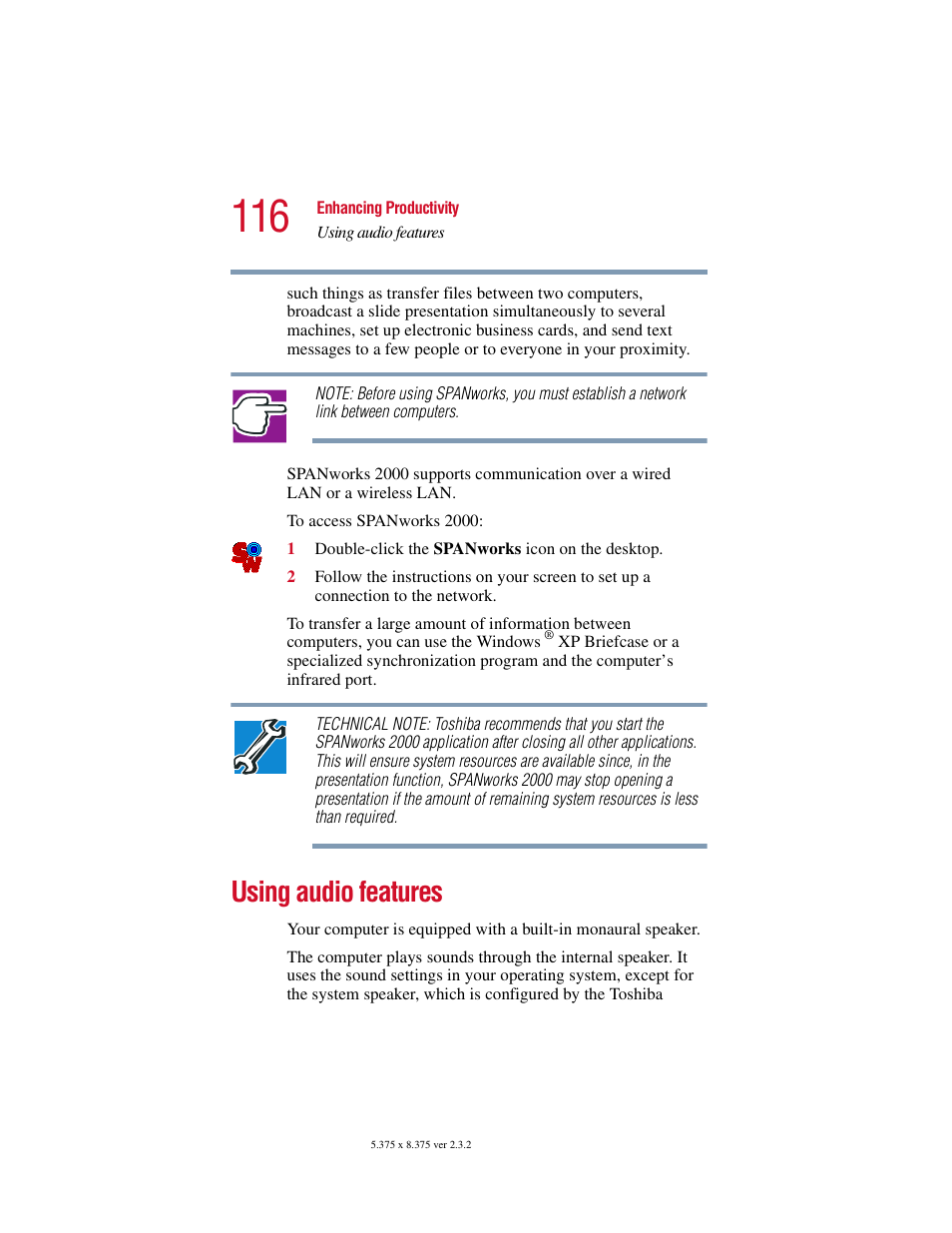 Using audio features | Toshiba VIRTUALTECH C6609-1201M1 User Manual | Page 116 / 209