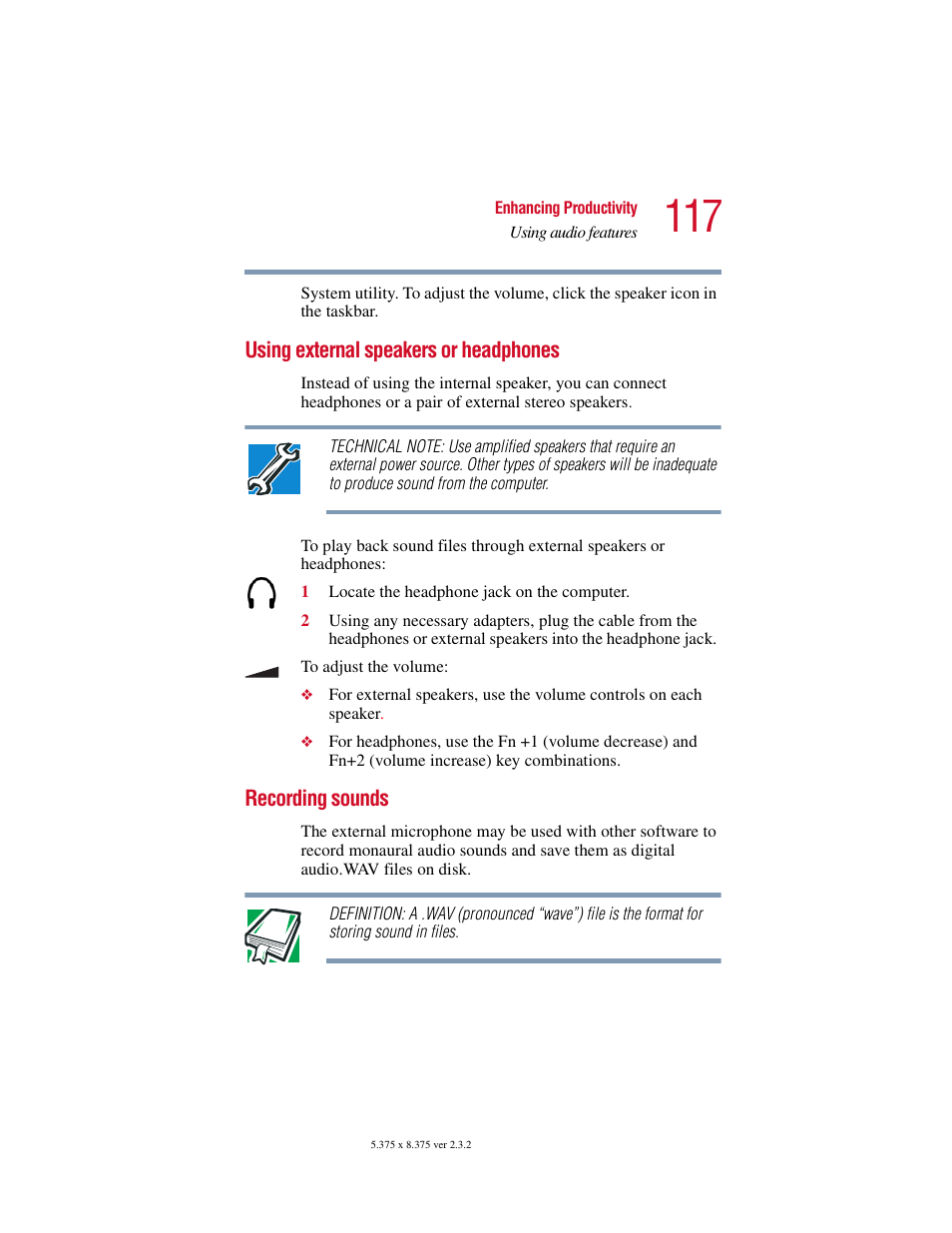 Using external speakers or headphones, Recording sounds | Toshiba VIRTUALTECH C6609-1201M1 User Manual | Page 117 / 209