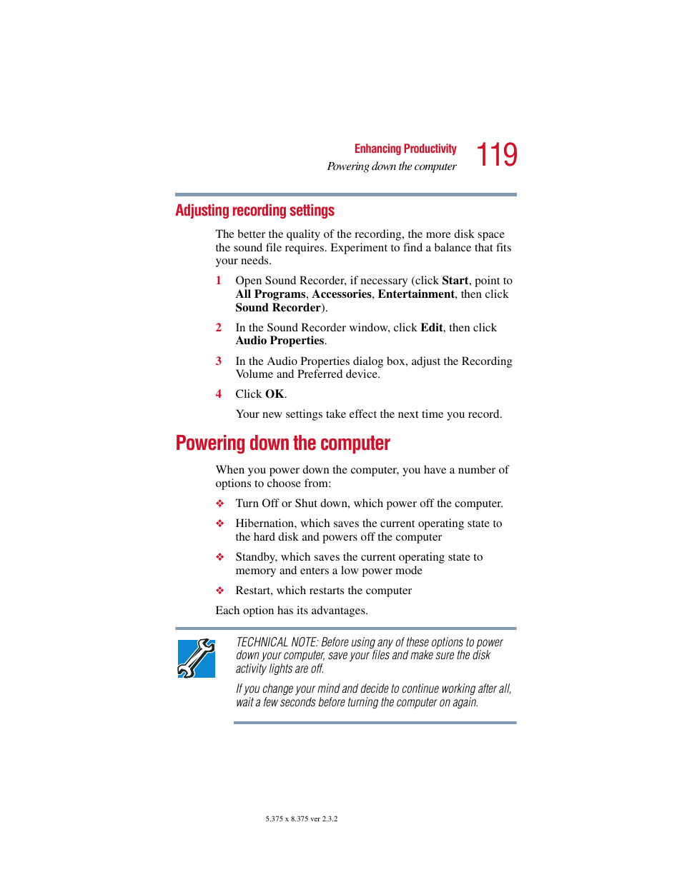 Adjusting recording settings, Powering down the computer, Powering down the computer” on | Toshiba VIRTUALTECH C6609-1201M1 User Manual | Page 119 / 209