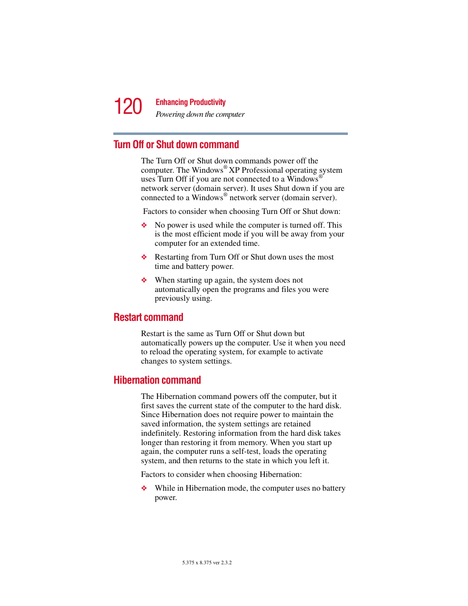 Turn off or shut down command, Restart command, Hibernation command | Toshiba VIRTUALTECH C6609-1201M1 User Manual | Page 120 / 209