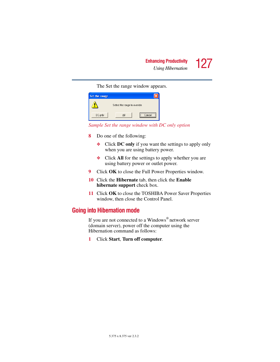 Going into hibernation mode | Toshiba VIRTUALTECH C6609-1201M1 User Manual | Page 127 / 209