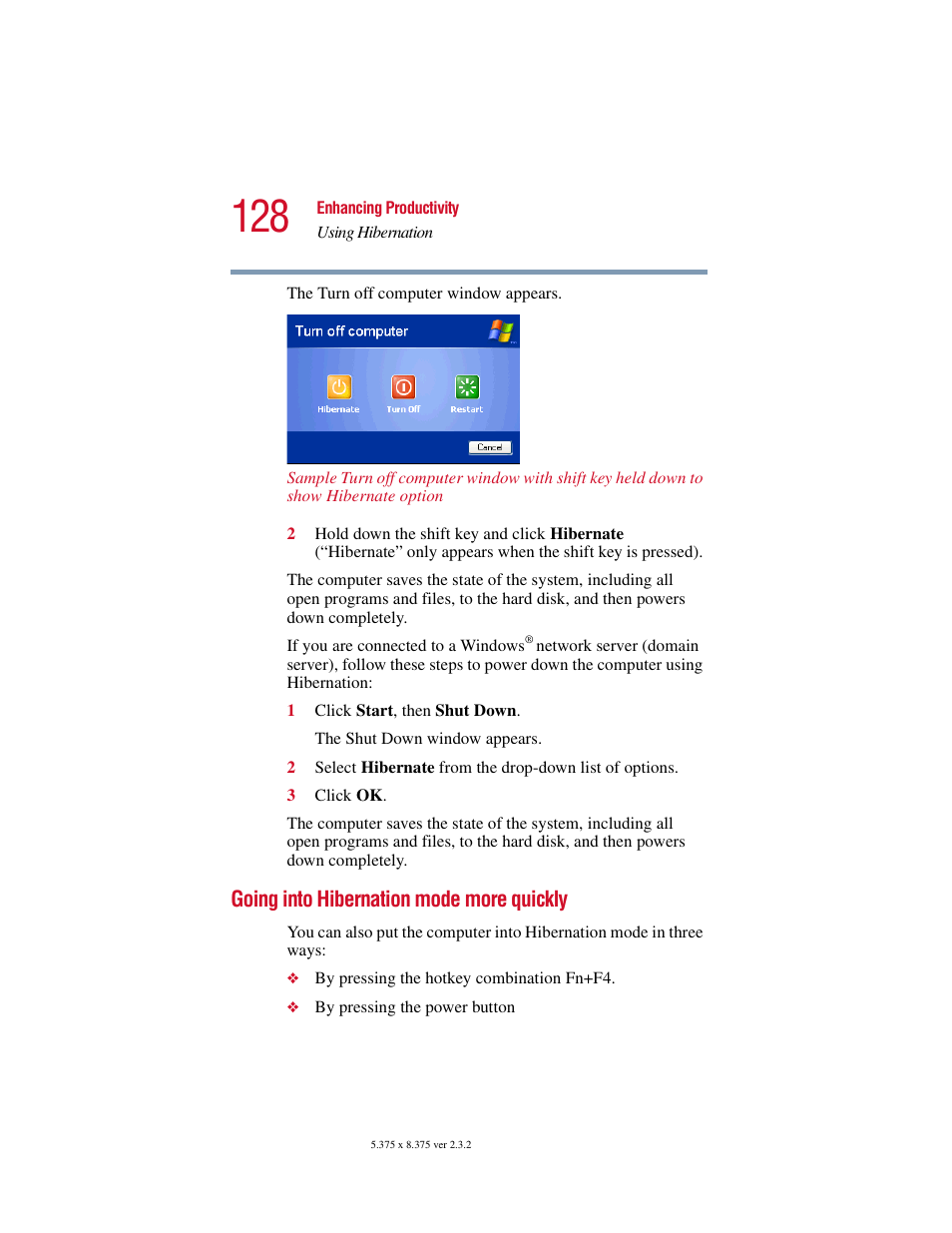 Going into hibernation mode more quickly | Toshiba VIRTUALTECH C6609-1201M1 User Manual | Page 128 / 209