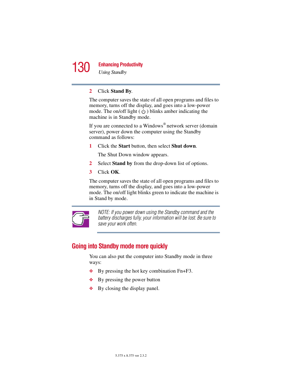 Going into standby mode more quickly | Toshiba VIRTUALTECH C6609-1201M1 User Manual | Page 130 / 209