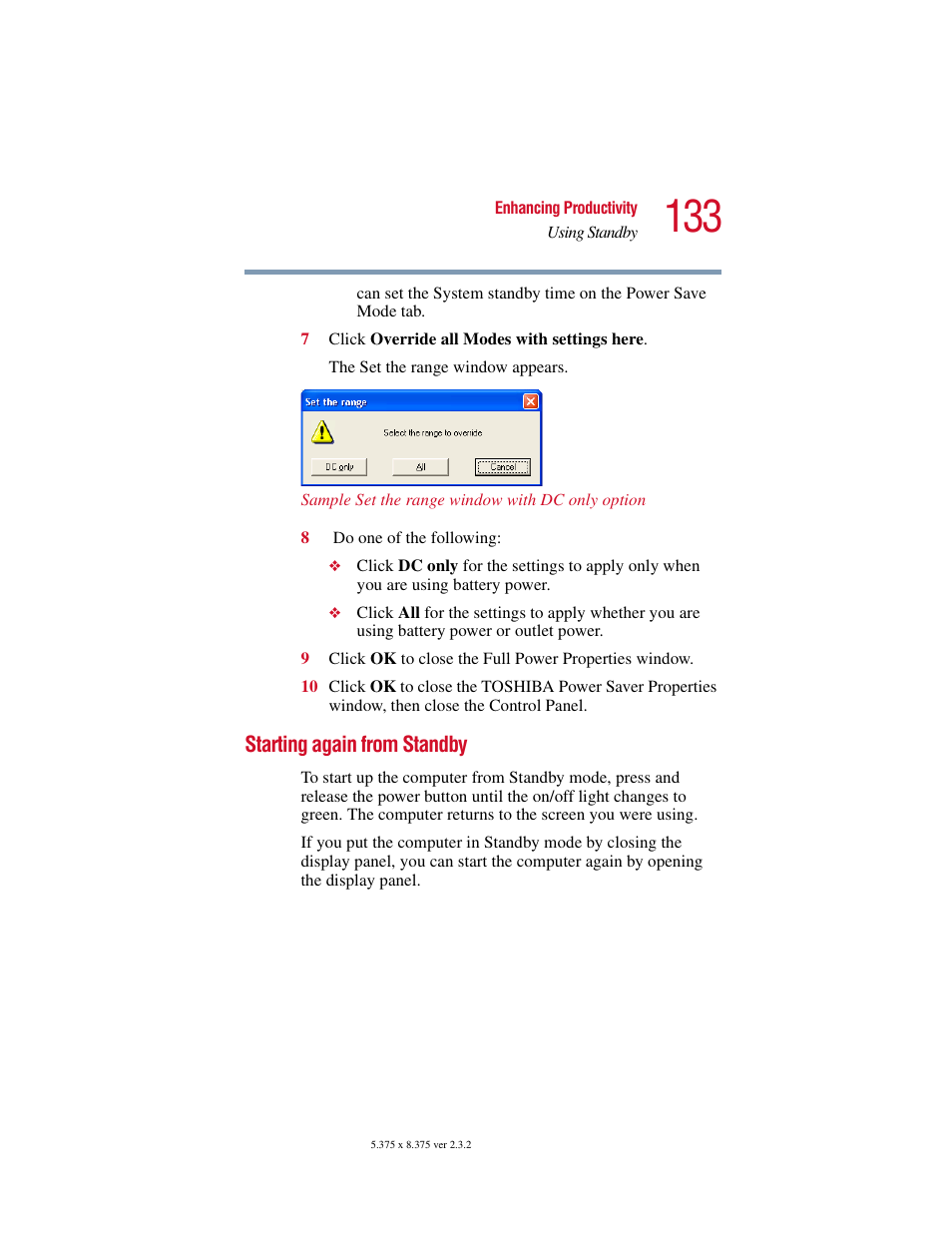 Starting again from standby | Toshiba VIRTUALTECH C6609-1201M1 User Manual | Page 133 / 209