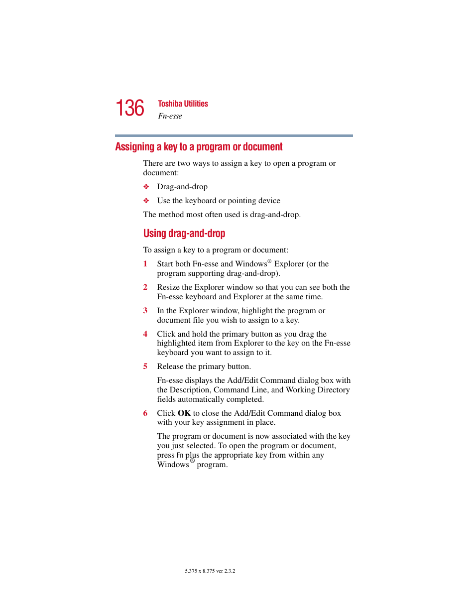 Assigning a key to a program or document, Using drag-and-drop | Toshiba VIRTUALTECH C6609-1201M1 User Manual | Page 136 / 209