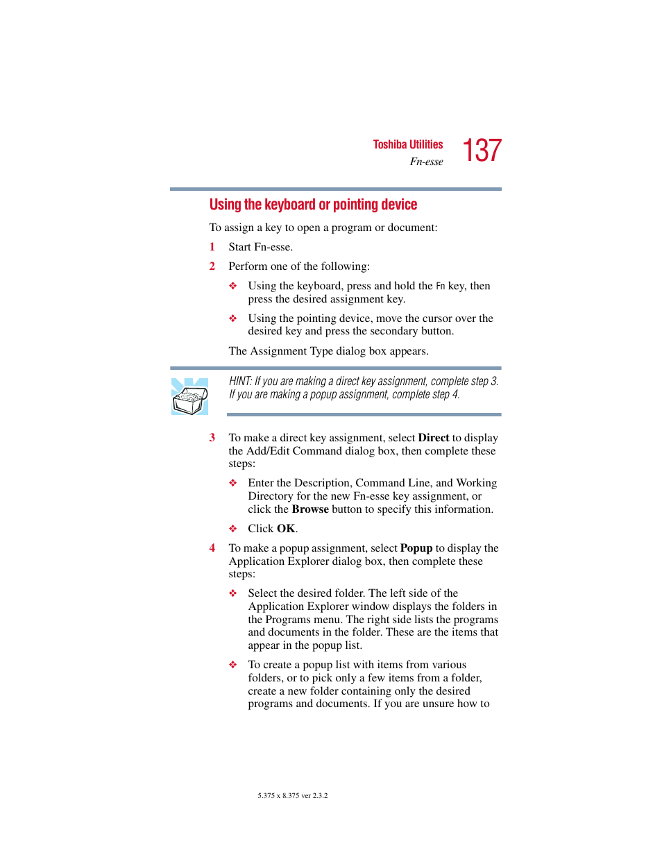 Using the keyboard or pointing device | Toshiba VIRTUALTECH C6609-1201M1 User Manual | Page 137 / 209