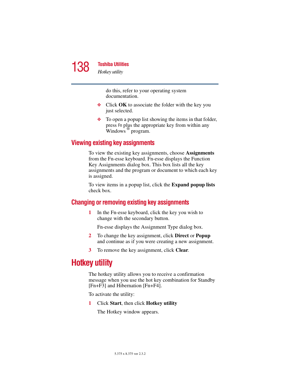 Viewing existing key assignments, Changing or removing existing key assignments, Hotkey utility | Key assignments | Toshiba VIRTUALTECH C6609-1201M1 User Manual | Page 138 / 209