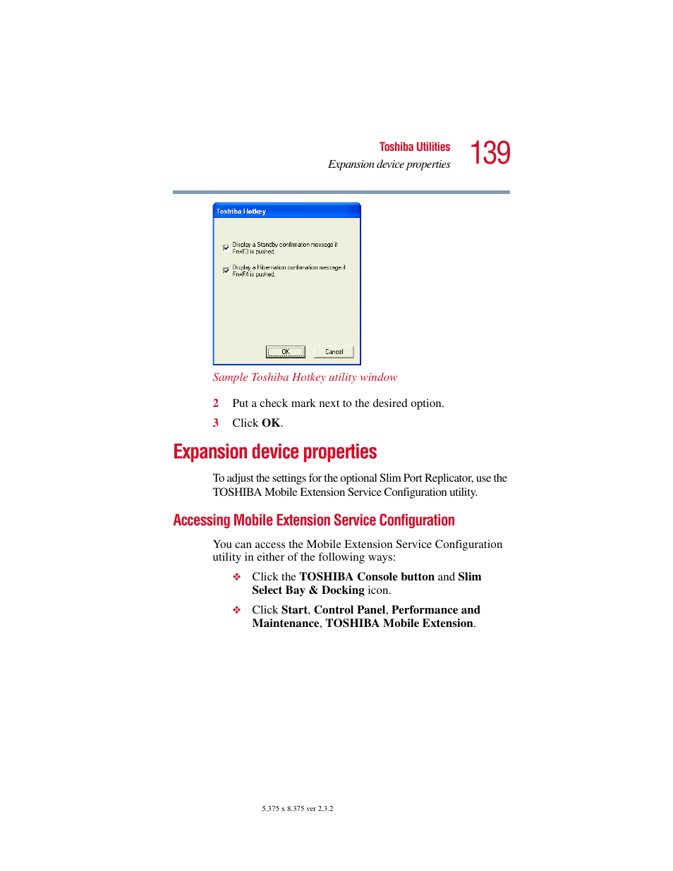 Expansion device properties, Accessing mobile extension service configuration, Accessing mobile extension | Service configuration | Toshiba VIRTUALTECH C6609-1201M1 User Manual | Page 139 / 209