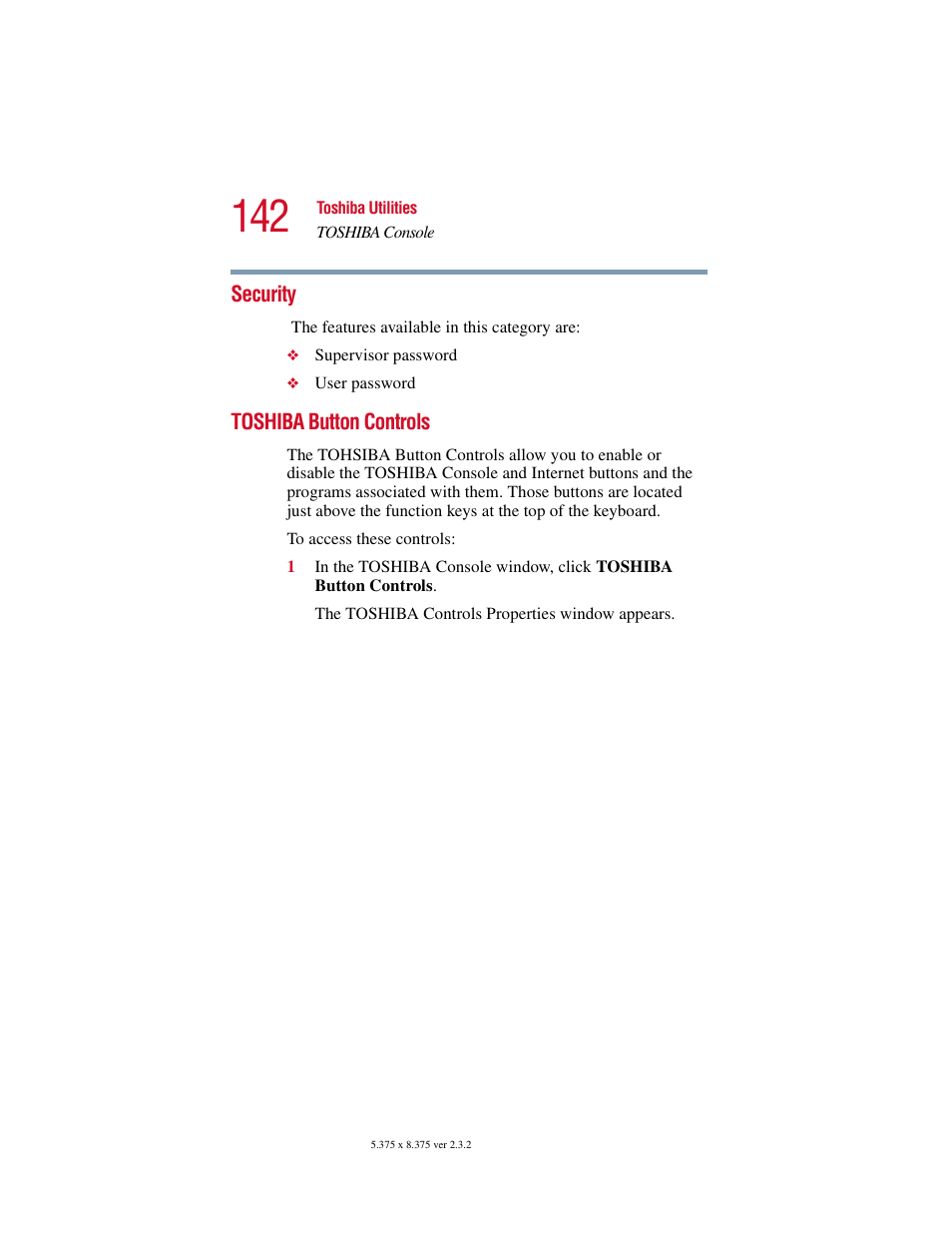 Security, Toshiba button controls, Security toshiba button controls | Toshiba VIRTUALTECH C6609-1201M1 User Manual | Page 142 / 209