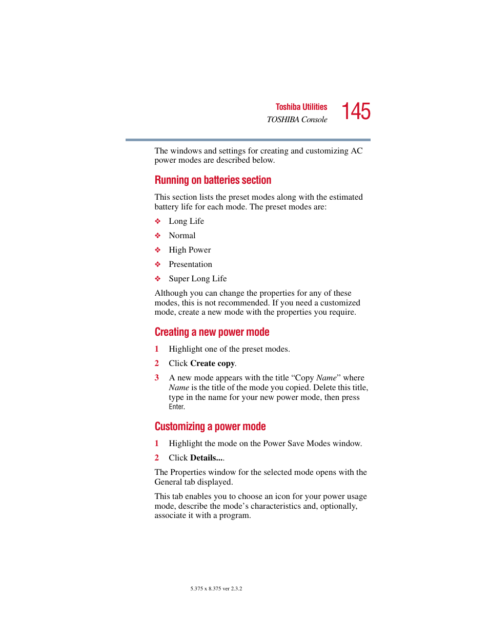 Creating a new power mode, Customizing a power mode | Toshiba VIRTUALTECH C6609-1201M1 User Manual | Page 145 / 209