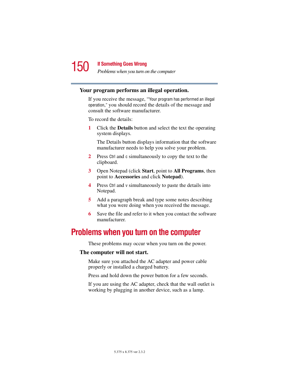 Problems when you turn on the computer | Toshiba VIRTUALTECH C6609-1201M1 User Manual | Page 150 / 209