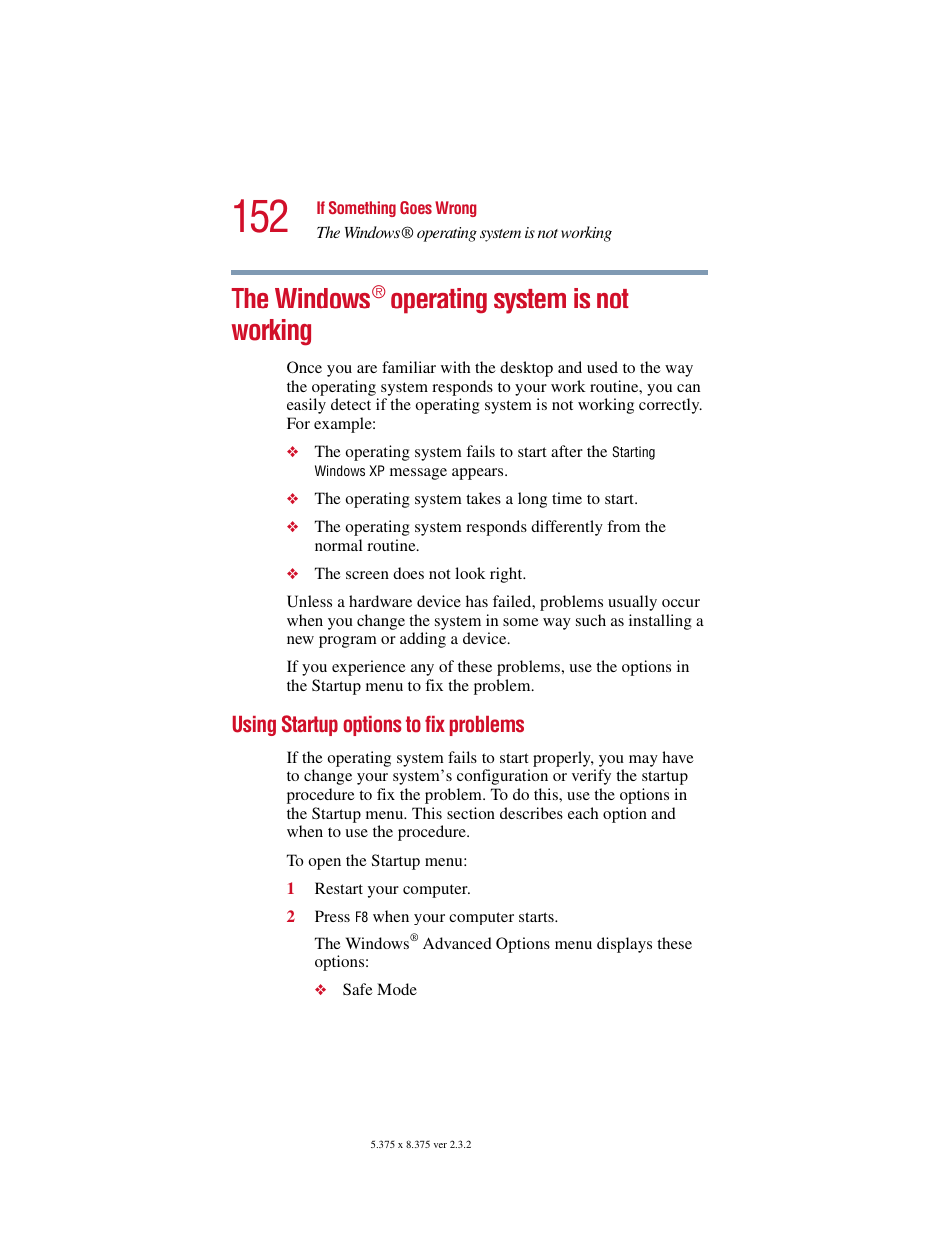 The windows® operating system is not working, Using startup options to fix problems, The windows | Operating system is not working | Toshiba VIRTUALTECH C6609-1201M1 User Manual | Page 152 / 209