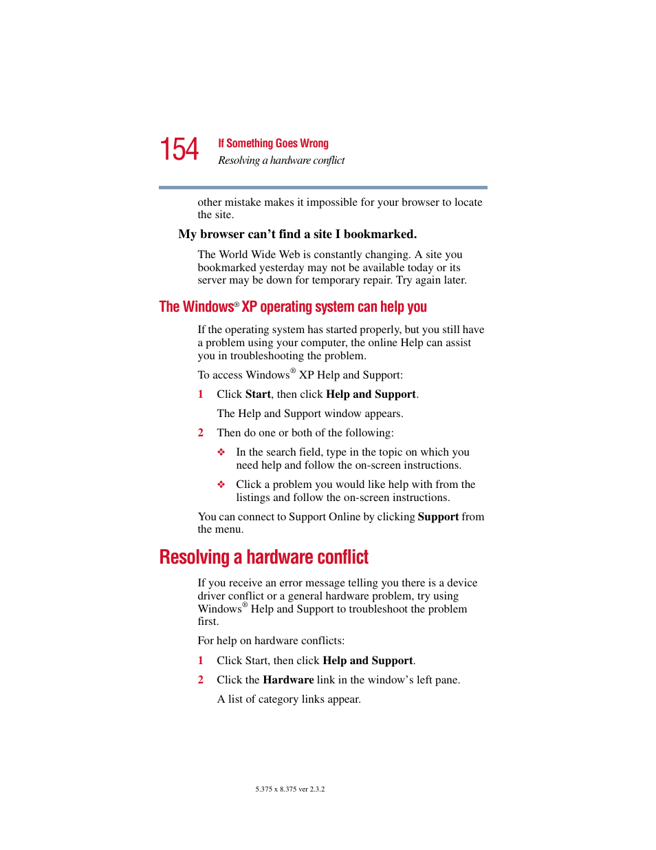 The windows® xp operating system can help you, Resolving a hardware conflict, The windows | Xp operating system can help you | Toshiba VIRTUALTECH C6609-1201M1 User Manual | Page 154 / 209