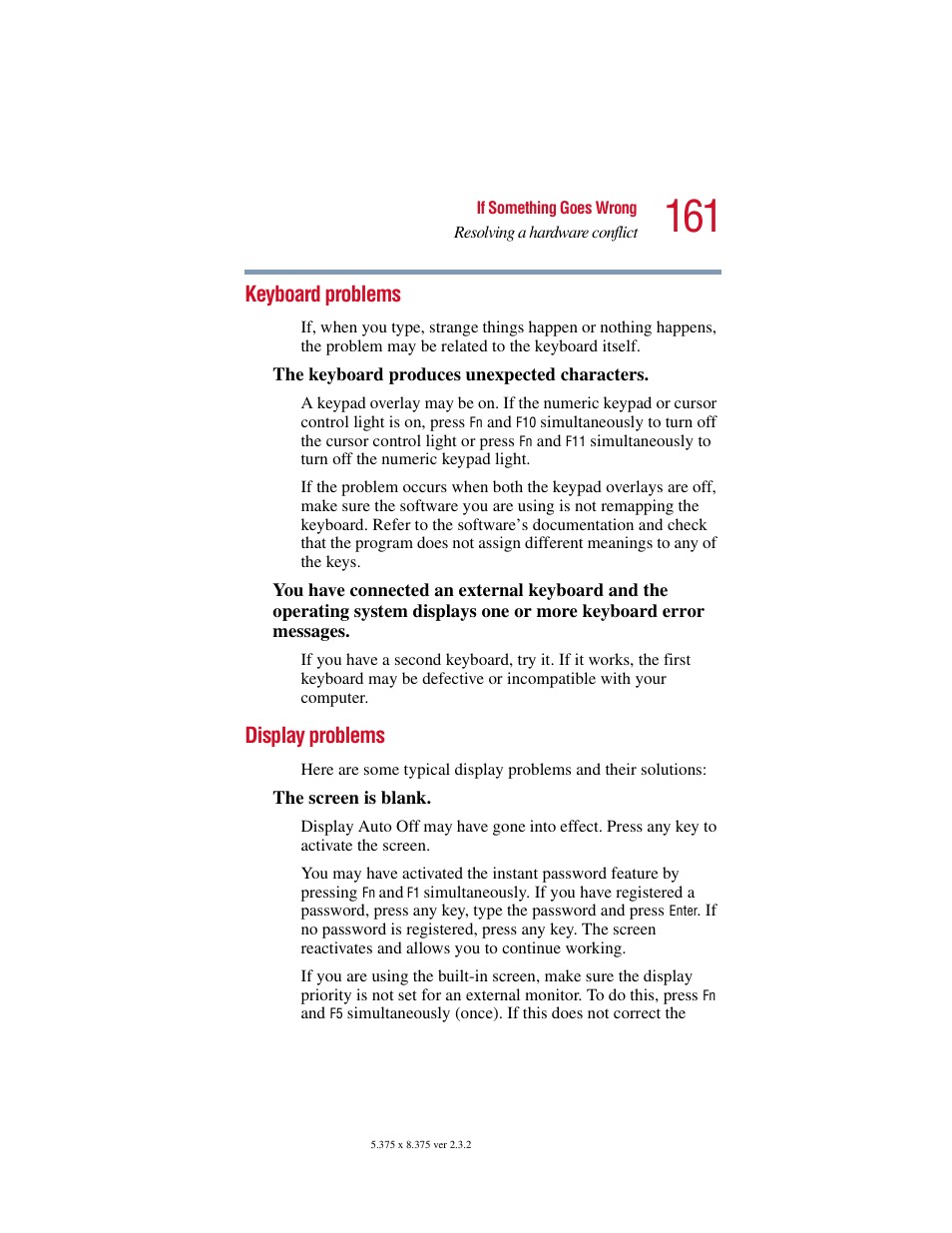 Keyboard problems, Display problems, Keyboard problems display problems | Toshiba VIRTUALTECH C6609-1201M1 User Manual | Page 161 / 209