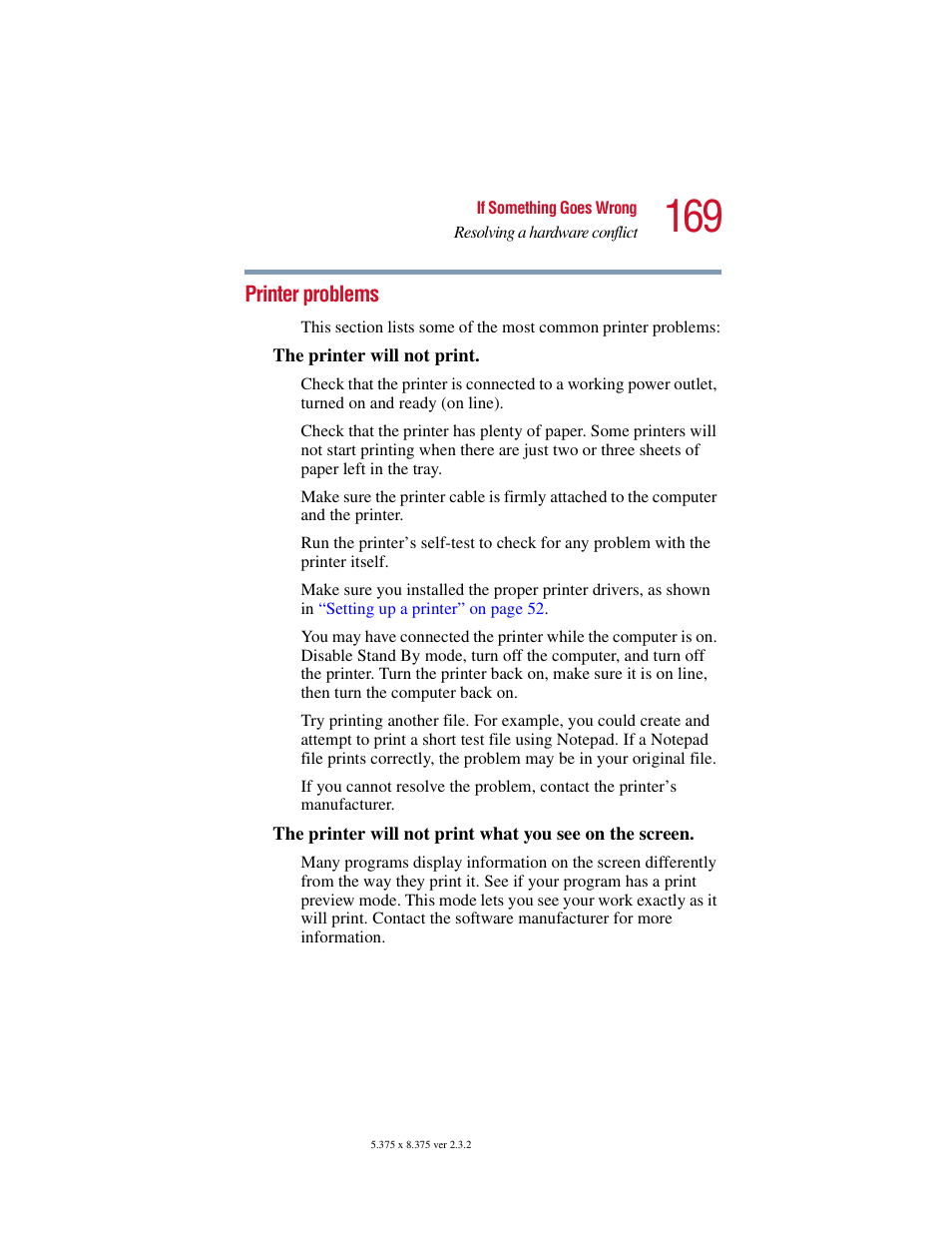 Printer problems | Toshiba VIRTUALTECH C6609-1201M1 User Manual | Page 169 / 209