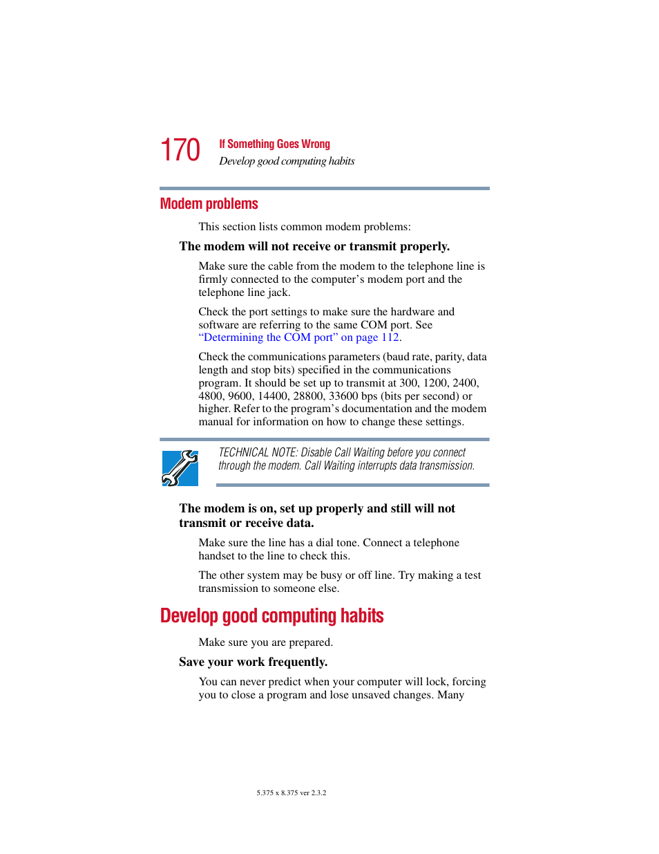 Modem problems, Develop good computing habits | Toshiba VIRTUALTECH C6609-1201M1 User Manual | Page 170 / 209