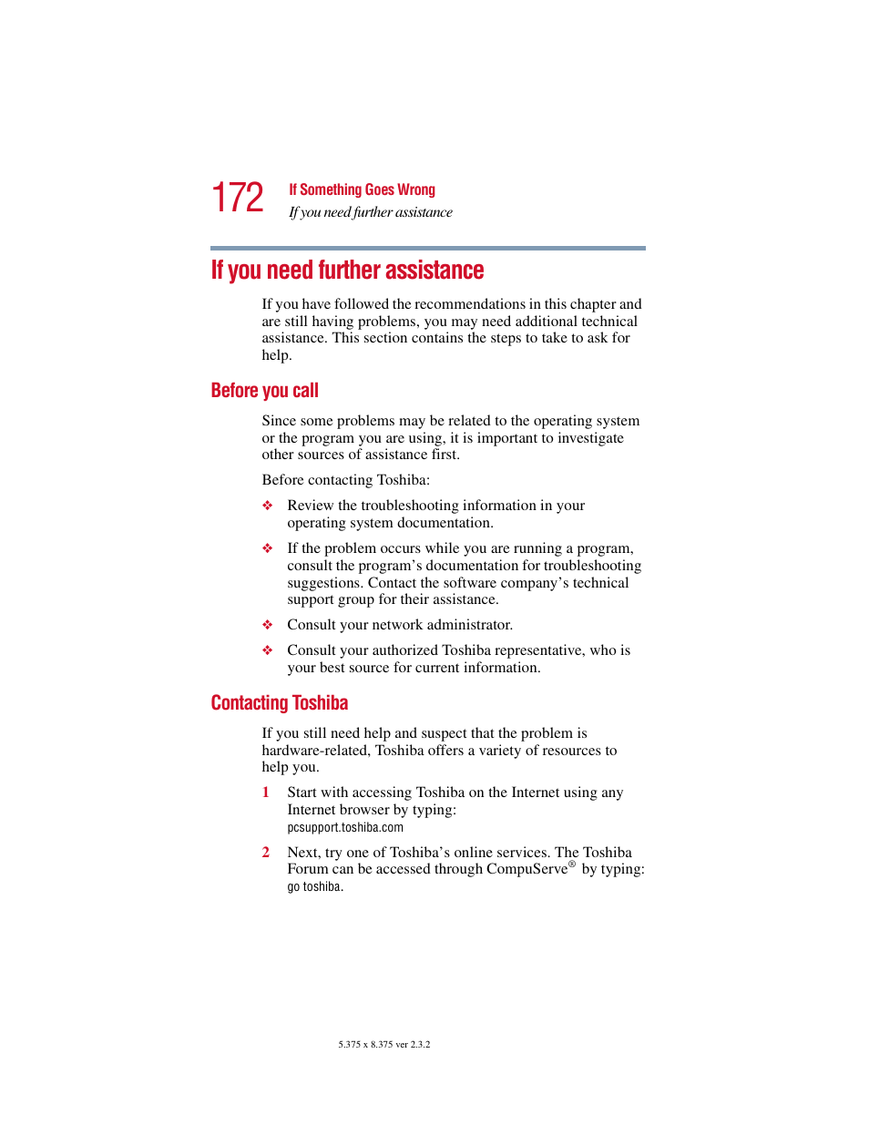 If you need further assistance, Before you call, Contacting toshiba | Before you call contacting toshiba | Toshiba VIRTUALTECH C6609-1201M1 User Manual | Page 172 / 209