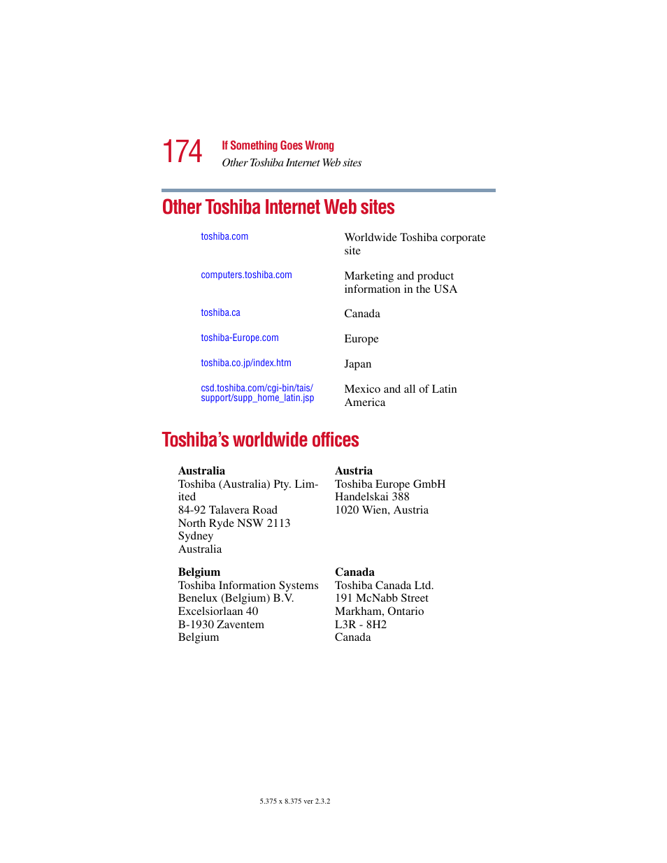 Other toshiba internet web sites, Toshiba’s worldwide offices | Toshiba VIRTUALTECH C6609-1201M1 User Manual | Page 174 / 209