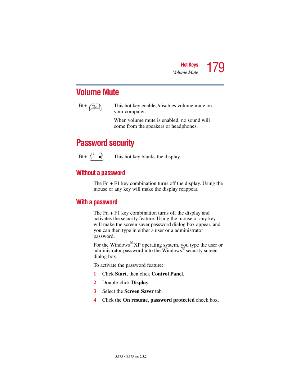 Volume mute, Password security, Without a password | With a password, Volume mute password security, Without a password with a password | Toshiba VIRTUALTECH C6609-1201M1 User Manual | Page 179 / 209