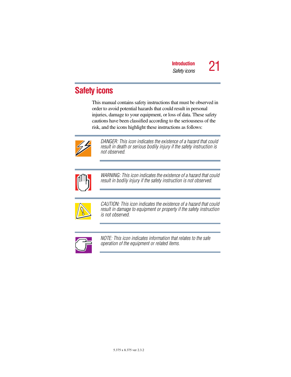 Safety icons | Toshiba VIRTUALTECH C6609-1201M1 User Manual | Page 21 / 209