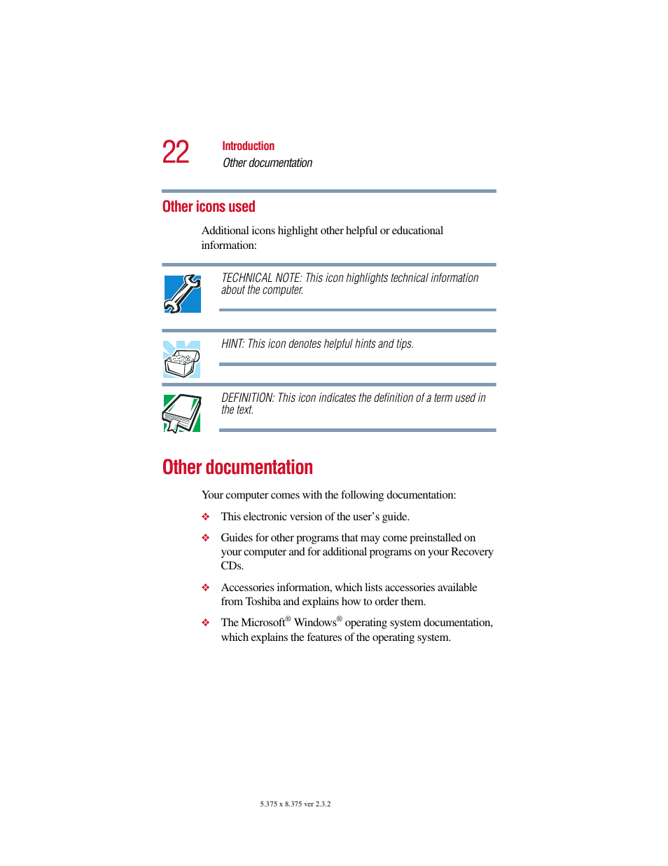 Other icons used, Other documentation | Toshiba VIRTUALTECH C6609-1201M1 User Manual | Page 22 / 209