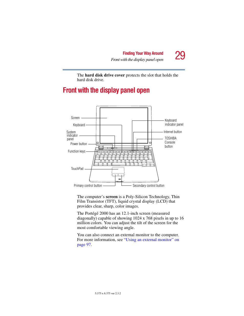 Front with the display panel open | Toshiba VIRTUALTECH C6609-1201M1 User Manual | Page 29 / 209