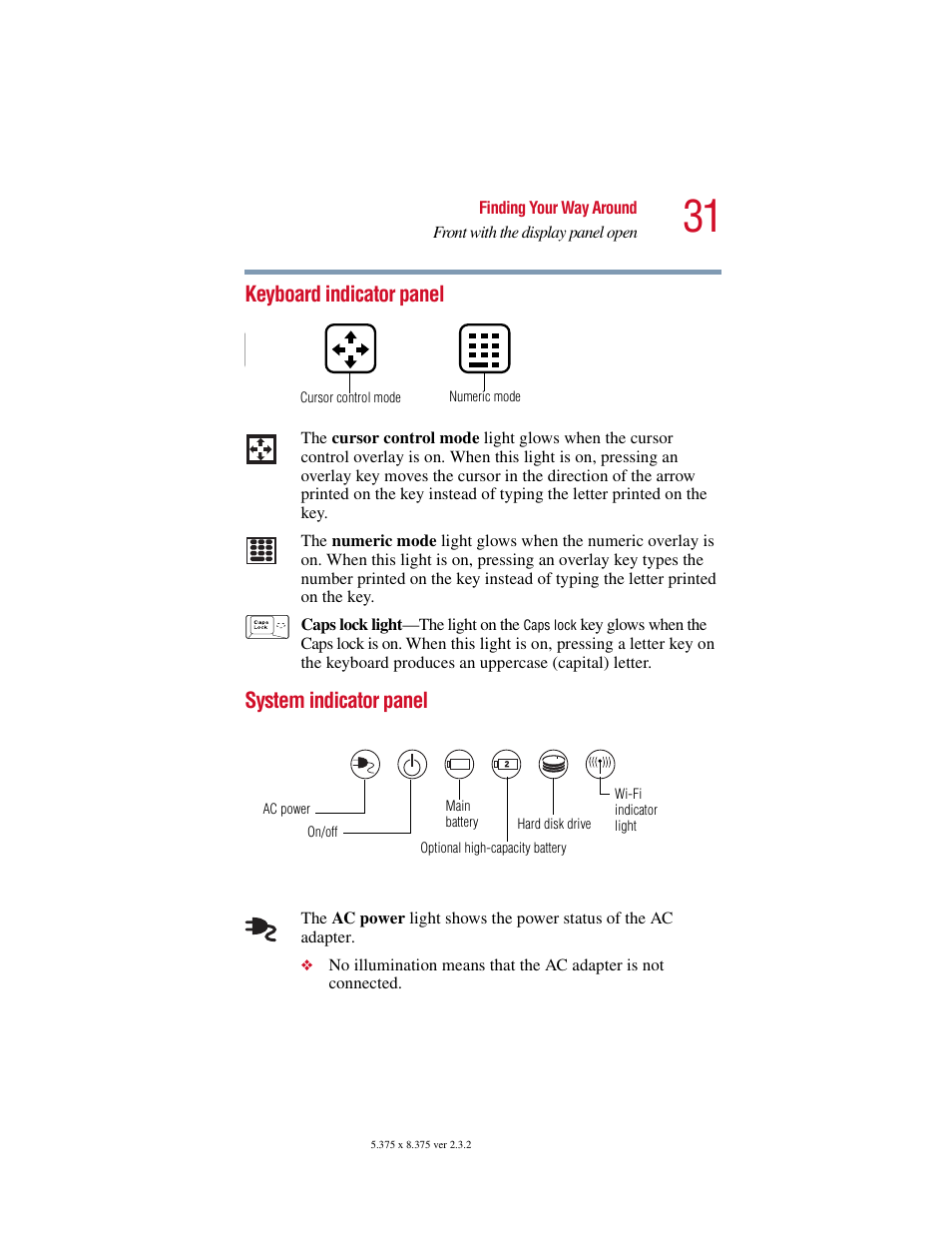 Keyboard indicator panel, System indicator panel, Keyboard indicator panel system indicator panel | Toshiba VIRTUALTECH C6609-1201M1 User Manual | Page 31 / 209