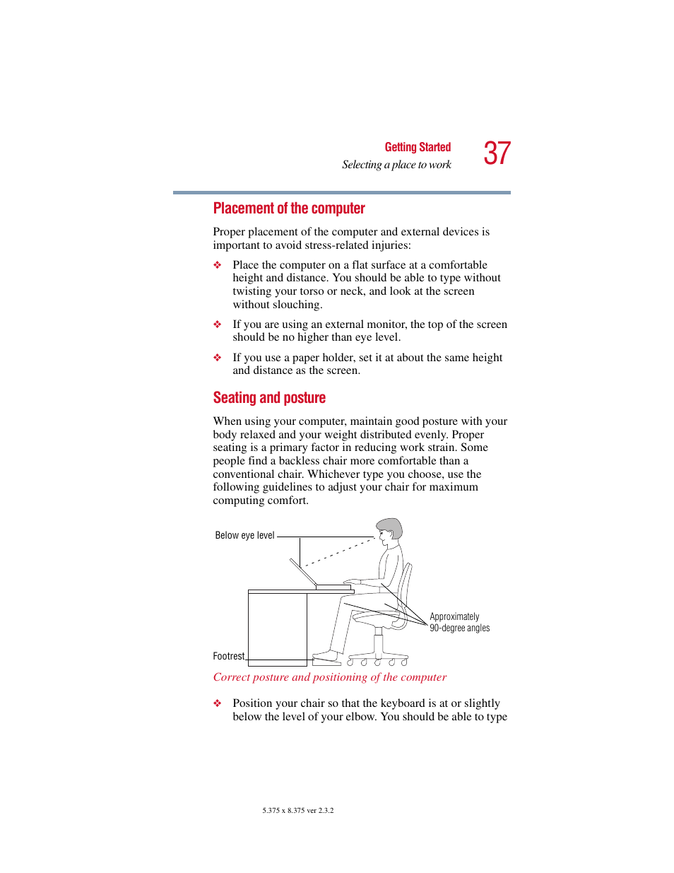 Placement of the computer, Seating and posture | Toshiba VIRTUALTECH C6609-1201M1 User Manual | Page 37 / 209