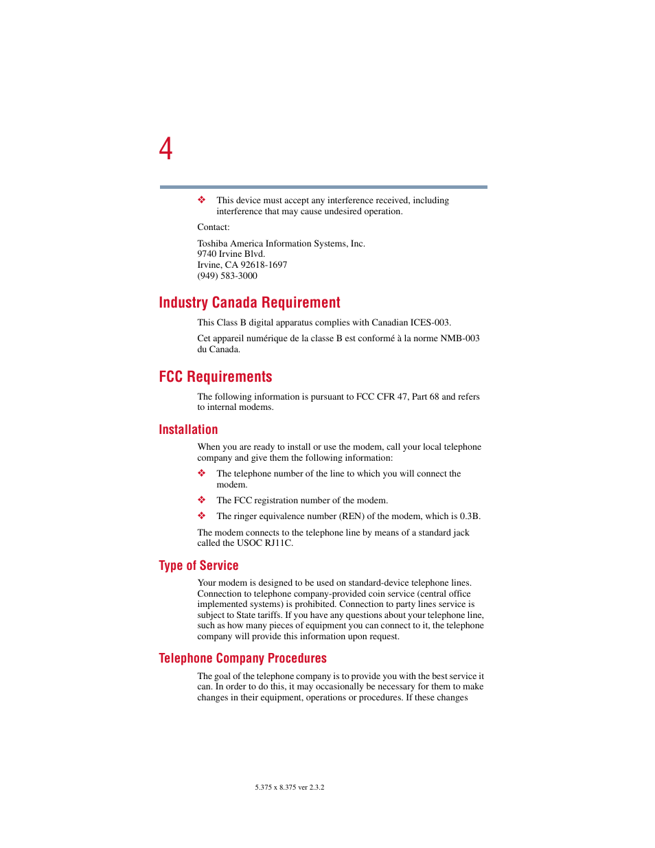 Industry canada requirement, Fcc requirements | Toshiba VIRTUALTECH C6609-1201M1 User Manual | Page 4 / 209