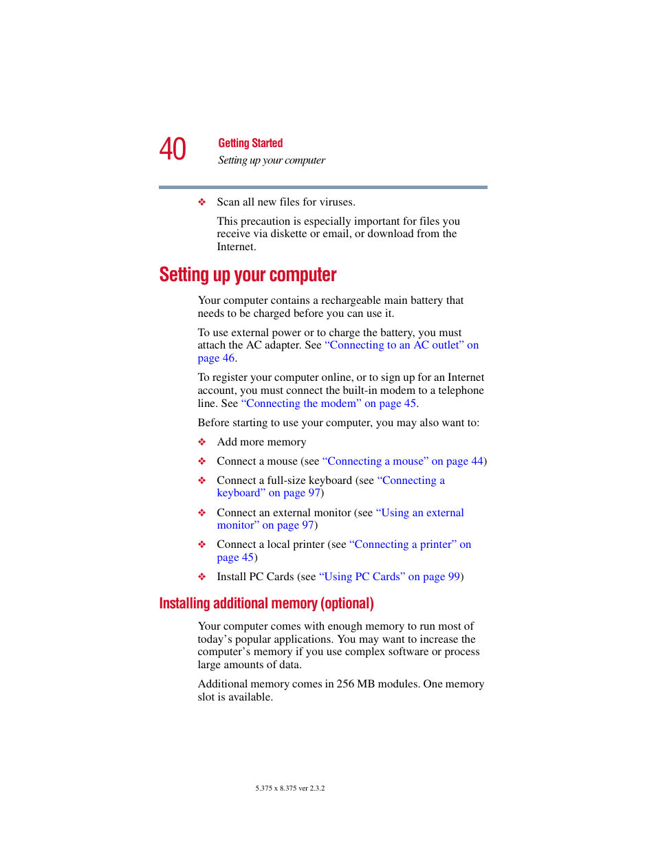 Setting up your computer, Installing additional memory (optional) | Toshiba VIRTUALTECH C6609-1201M1 User Manual | Page 40 / 209