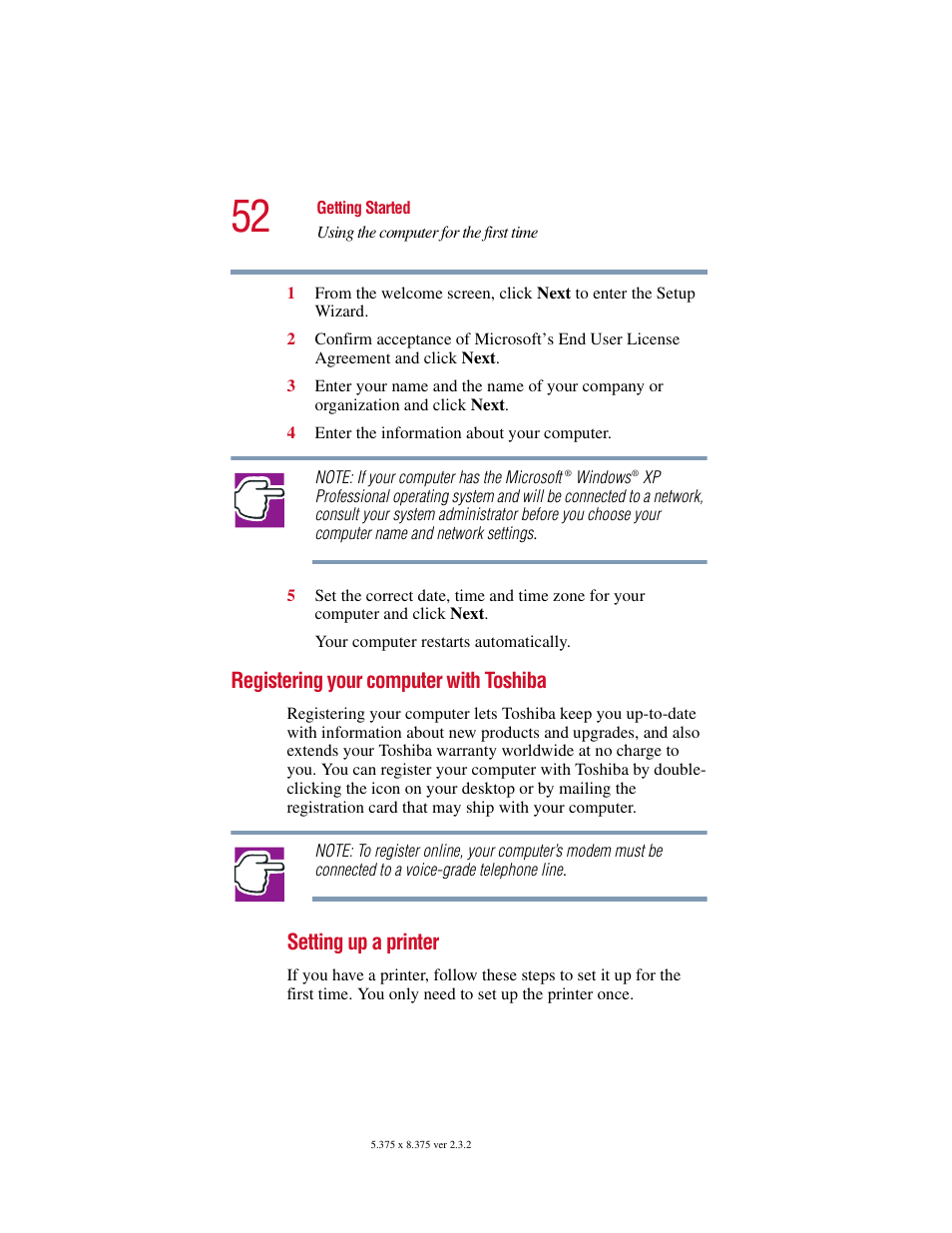 Registering your computer with toshiba, Setting up a printer | Toshiba VIRTUALTECH C6609-1201M1 User Manual | Page 52 / 209