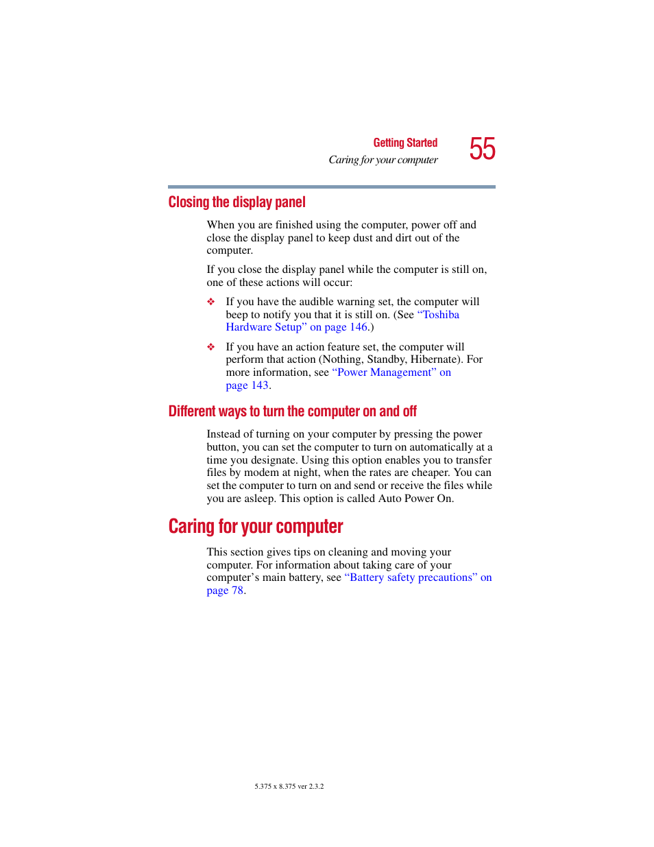 Closing the display panel, Different ways to turn the computer on and off, Caring for your computer | Toshiba VIRTUALTECH C6609-1201M1 User Manual | Page 55 / 209