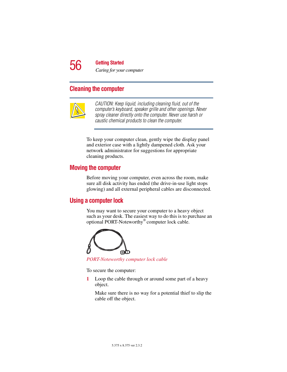 Cleaning the computer, Moving the computer, Using a computer lock | Toshiba VIRTUALTECH C6609-1201M1 User Manual | Page 56 / 209