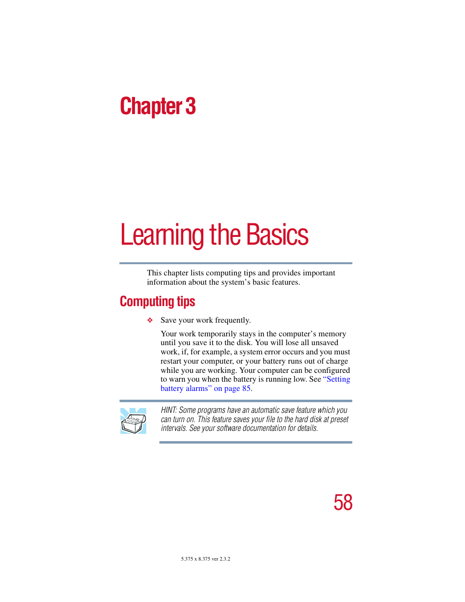 Chapter 3: learning the basics, Computing tips, Learning the basics | Chapter 3 | Toshiba VIRTUALTECH C6609-1201M1 User Manual | Page 58 / 209