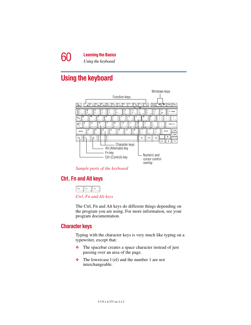 Using the keyboard, Ctrl, fn and alt keys, Character keys | Ctrl, fn and alt keys character keys | Toshiba VIRTUALTECH C6609-1201M1 User Manual | Page 60 / 209