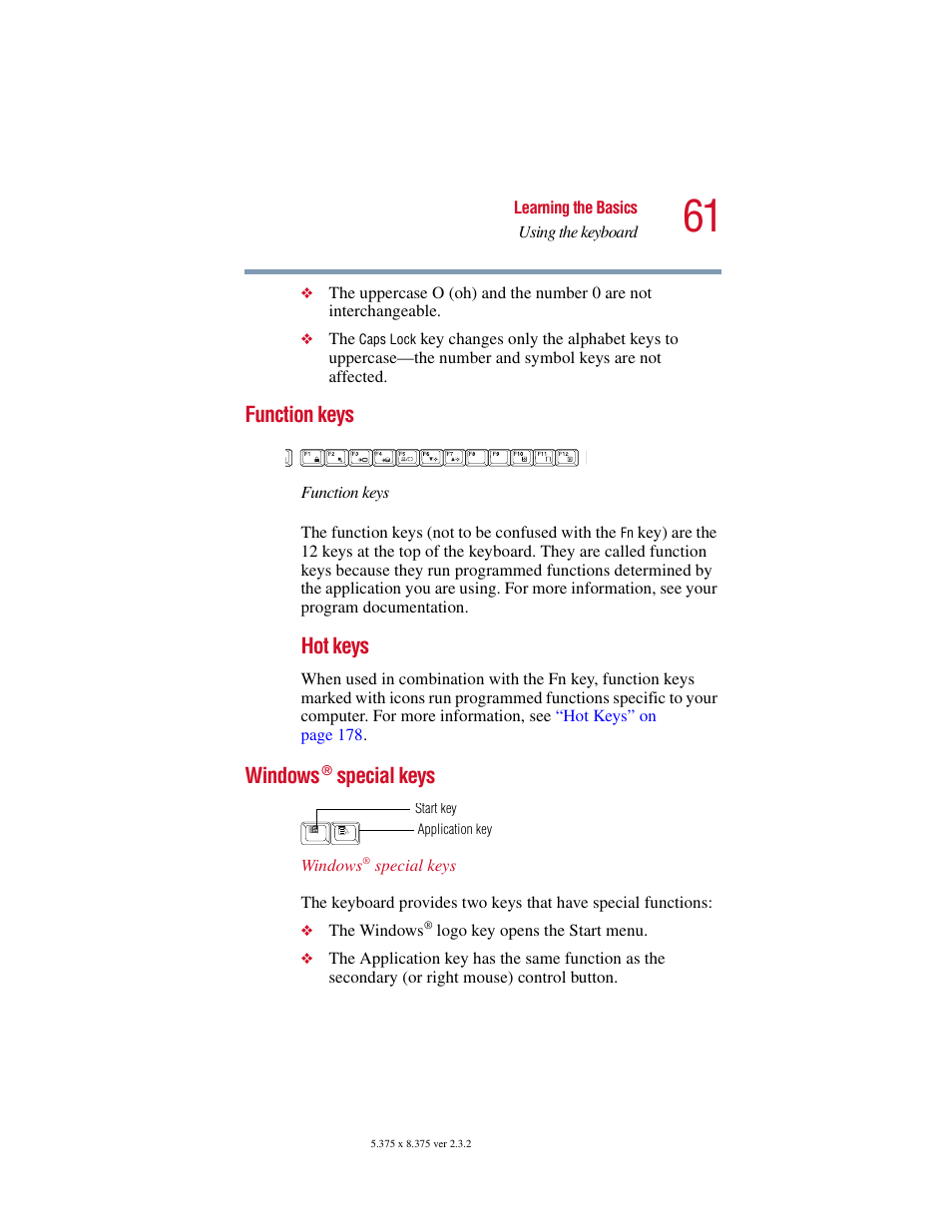 Function keys, Windows® special keys, Function keys windows | Hot keys, Windows, Special keys | Toshiba VIRTUALTECH C6609-1201M1 User Manual | Page 61 / 209