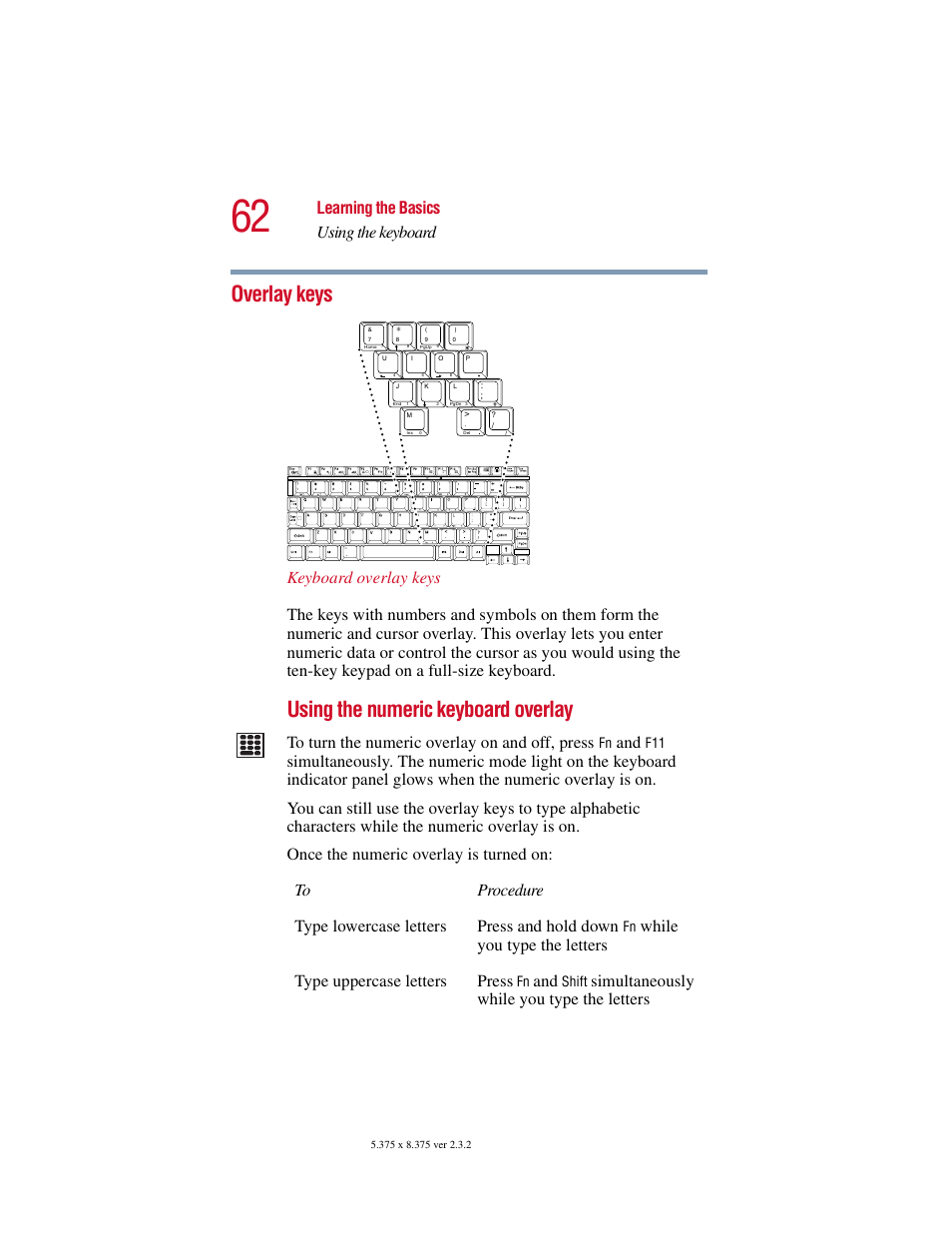 Overlay keys, Using the numeric keyboard overlay, Learning the basics using the keyboard | Simultaneously while you type the letters | Toshiba VIRTUALTECH C6609-1201M1 User Manual | Page 62 / 209