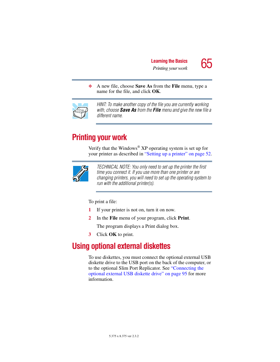 Printing your work, Using optional external diskettes | Toshiba VIRTUALTECH C6609-1201M1 User Manual | Page 65 / 209