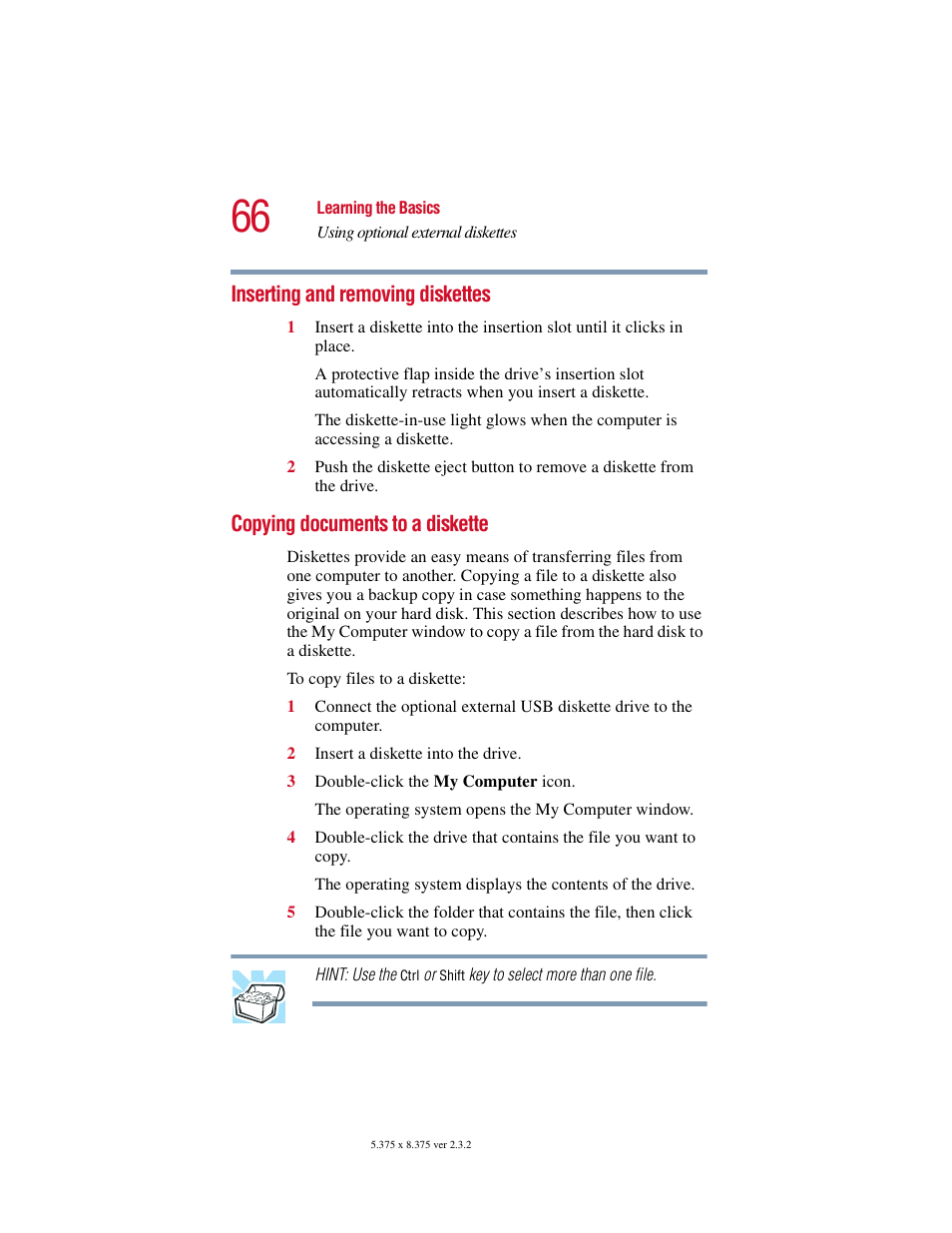 Inserting and removing diskettes, Copying documents to a diskette | Toshiba VIRTUALTECH C6609-1201M1 User Manual | Page 66 / 209