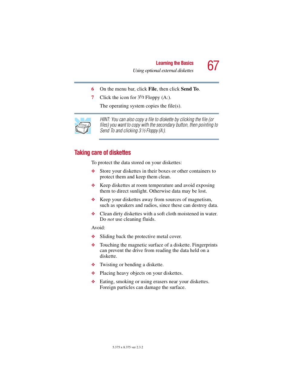 Taking care of diskettes | Toshiba VIRTUALTECH C6609-1201M1 User Manual | Page 67 / 209