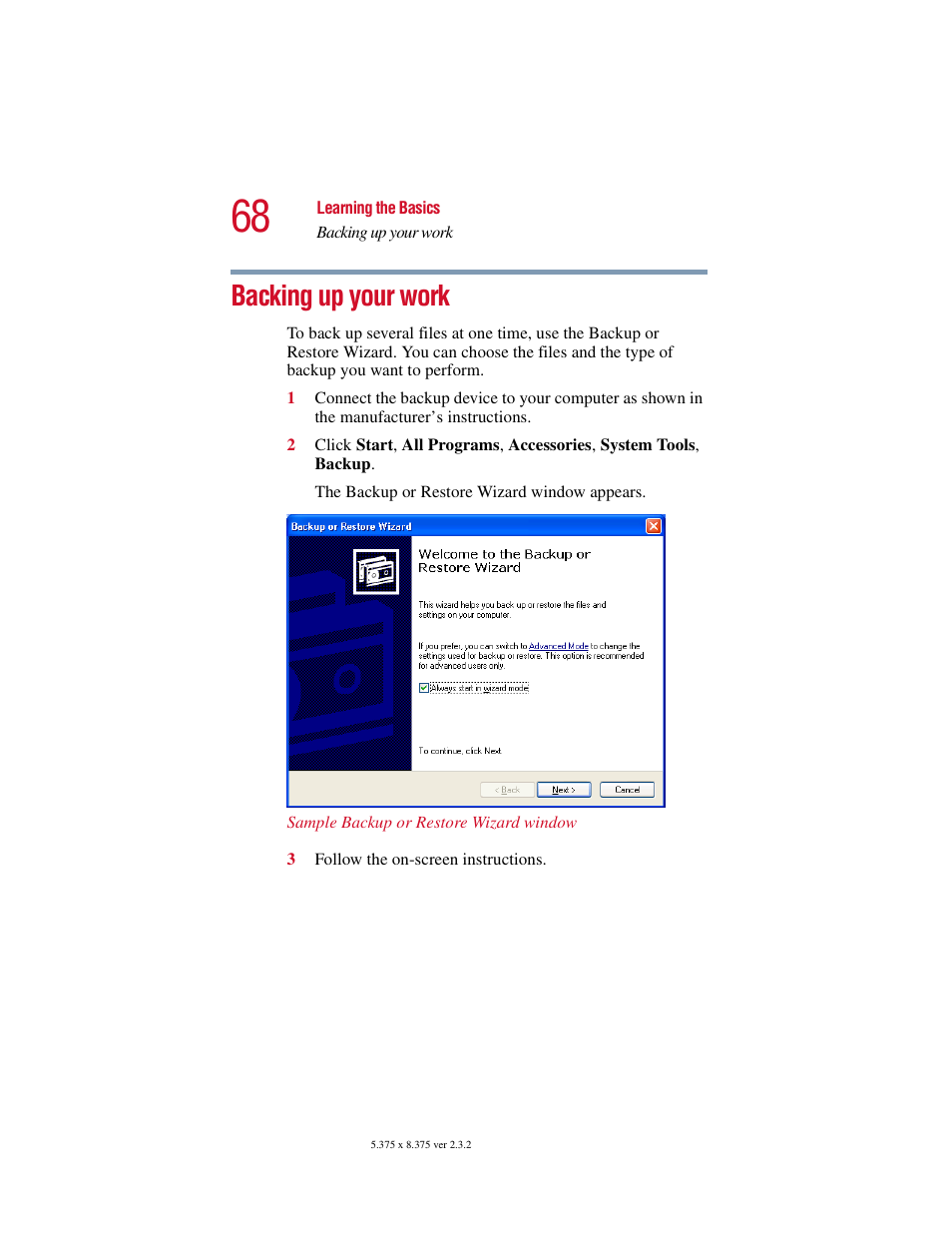 Backing up your work | Toshiba VIRTUALTECH C6609-1201M1 User Manual | Page 68 / 209