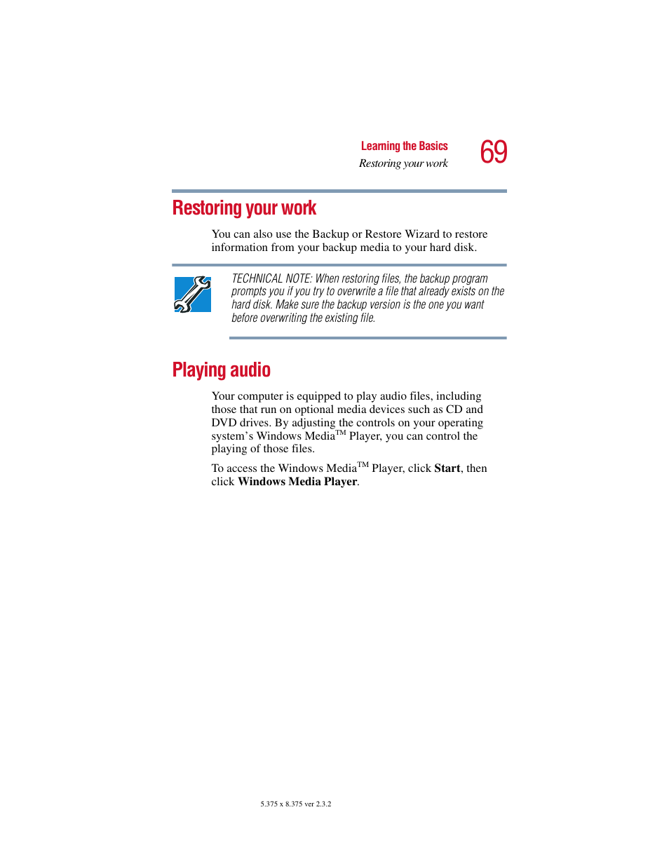 Restoring your work, Playing audio, Restoring your work playing audio | Toshiba VIRTUALTECH C6609-1201M1 User Manual | Page 69 / 209