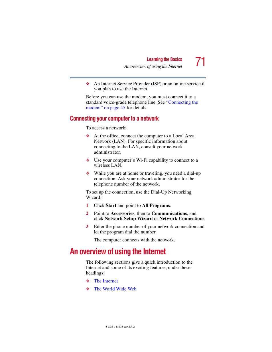 Connecting your computer to a network, An overview of using the internet | Toshiba VIRTUALTECH C6609-1201M1 User Manual | Page 71 / 209