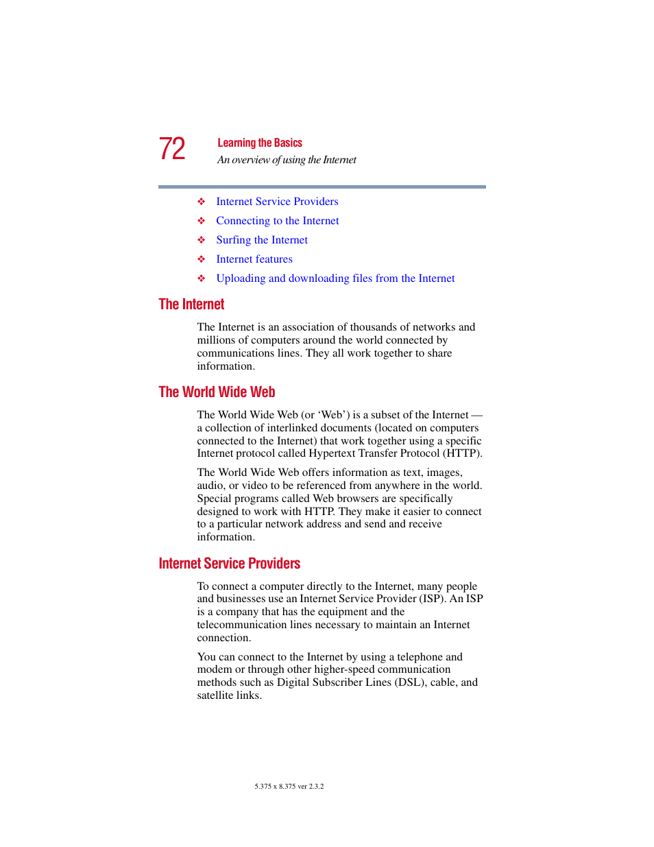 The internet, The world wide web, Internet service providers | Toshiba VIRTUALTECH C6609-1201M1 User Manual | Page 72 / 209