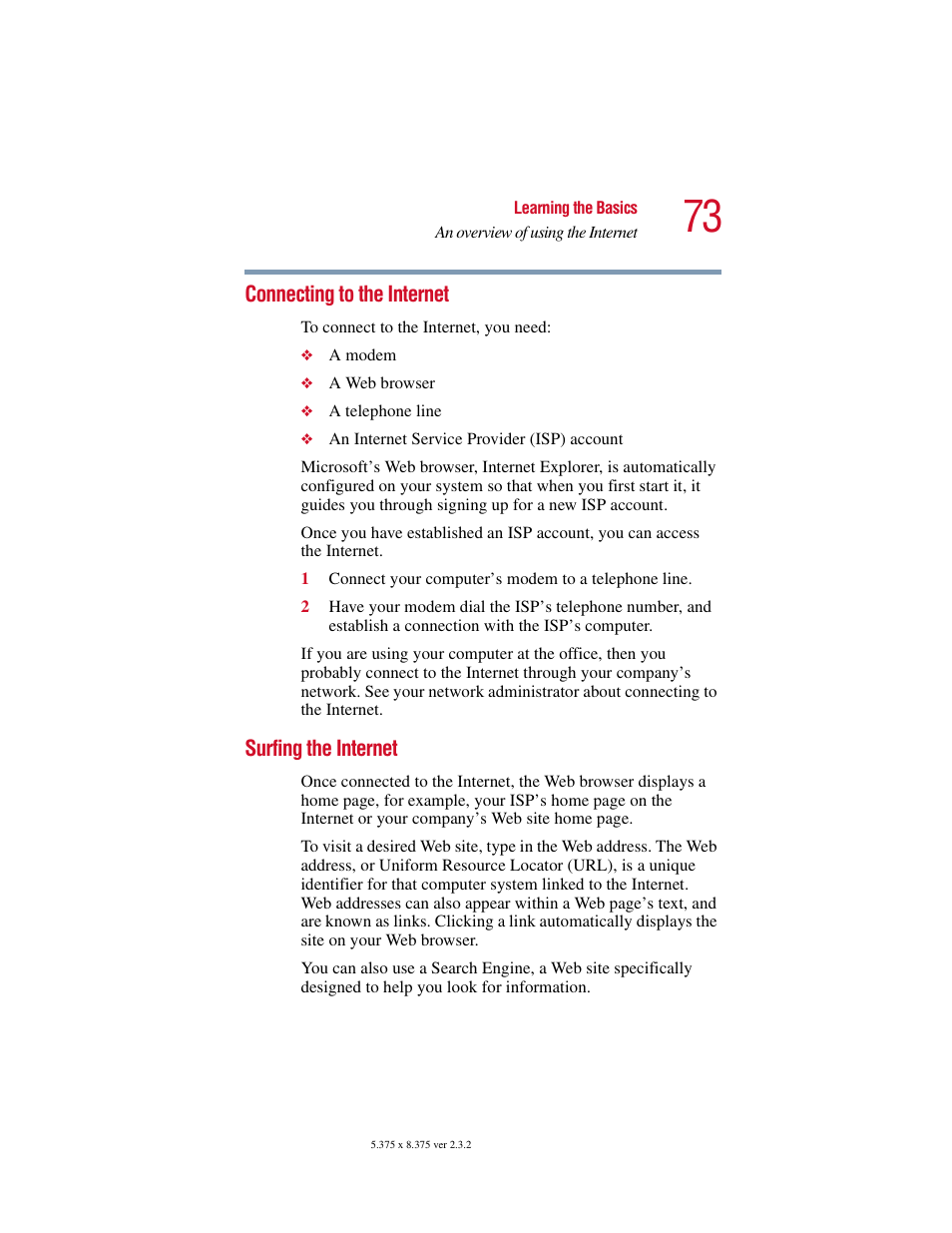 Connecting to the internet, Surfing the internet, Connecting to the internet surfing the internet | Toshiba VIRTUALTECH C6609-1201M1 User Manual | Page 73 / 209