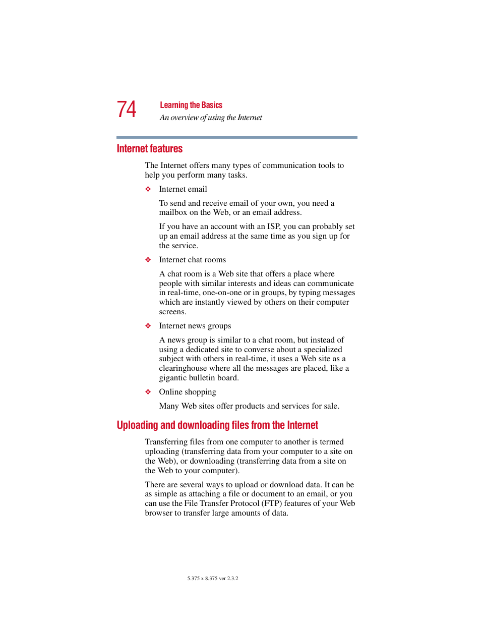 Internet features, Uploading and downloading files from the internet, Internet features uploading and downloading files | From the internet | Toshiba VIRTUALTECH C6609-1201M1 User Manual | Page 74 / 209