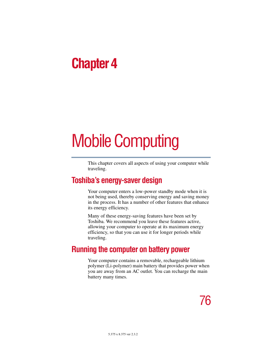 Chapter 4: mobile computing, Toshiba’s energy-saver design, Running the computer on battery power | Mobile computing, Chapter 4 | Toshiba VIRTUALTECH C6609-1201M1 User Manual | Page 76 / 209